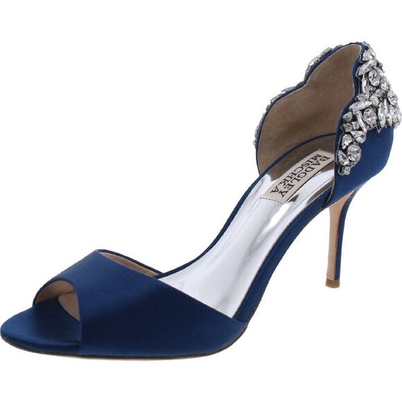 Badgley Mischka Womens Celeste Navy Satin Slip On Peep-Toe Heels Shoes New - Picture 1 of 3